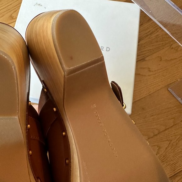 NWT Veronica Beard Hedrix Clog Woodgrain Platform Leather Buckle Sz 9 Hazelwood - Picture 13 of 14